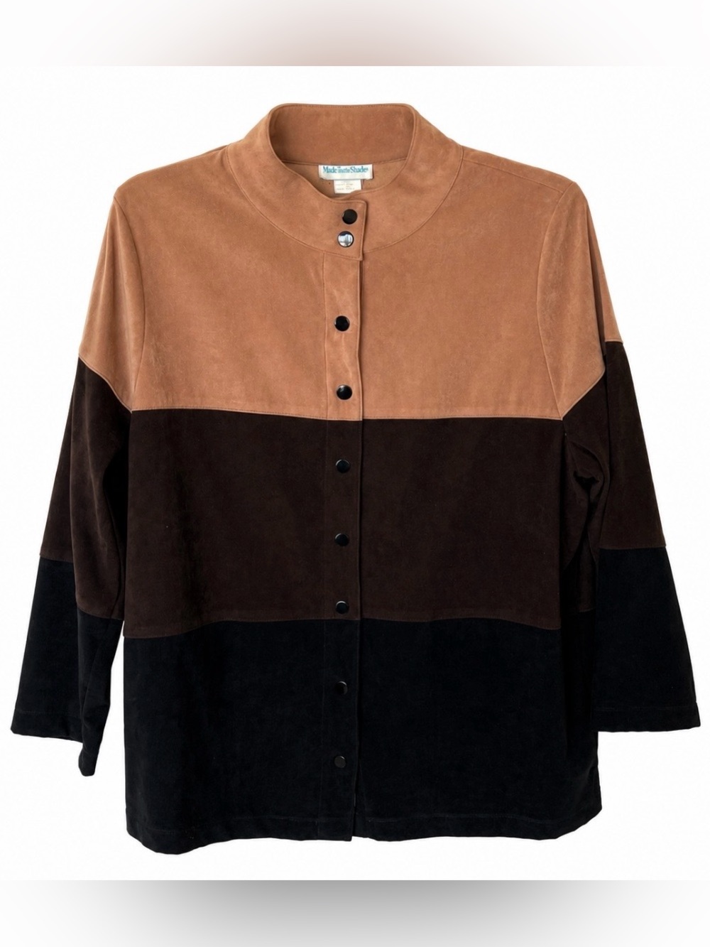 Mark Fore & Strike women’s Colorblock Snap Front Jacket Brown Tan Black Western